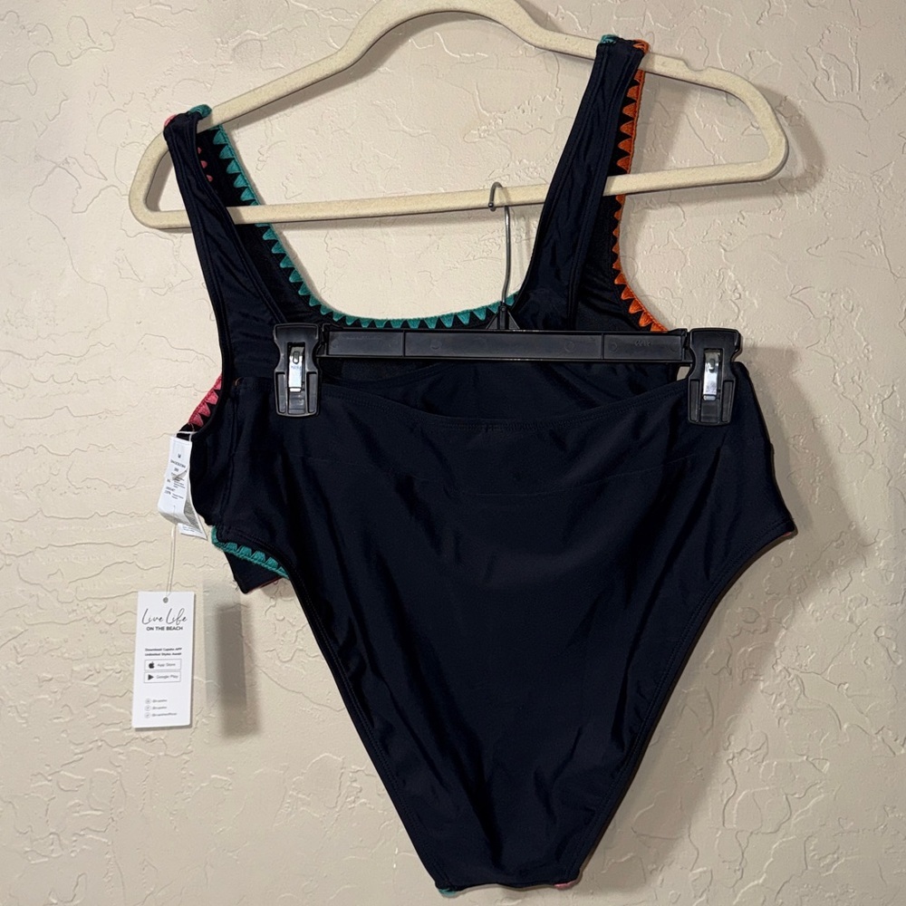 CUPSHE swimsuit black Tank midkini Wide Straps rainbow stitching size M - Picture 7 of 9